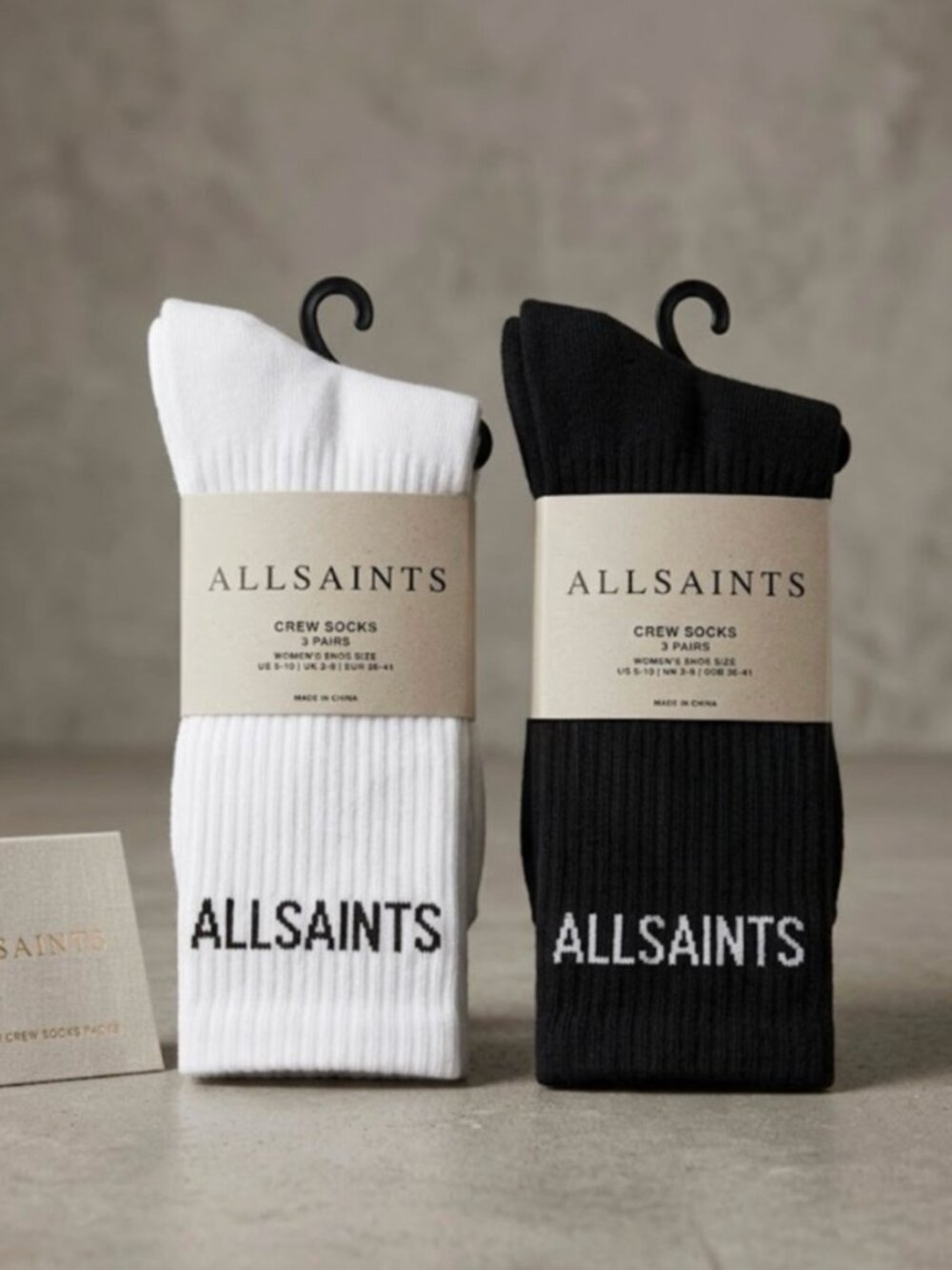 NWT AllSaints Crew Socks Womens 5-10 Black NEW 6 Pairs Ribbed Logo Black White